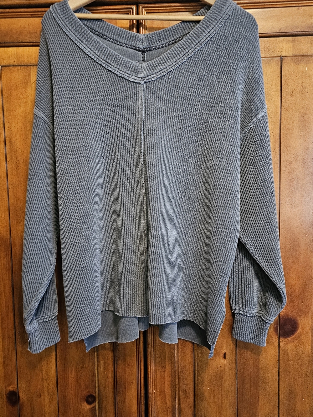 Aerie Waffle-Knit Long Sleeve Sweater Slate Blue Grey Small Boho Baggy